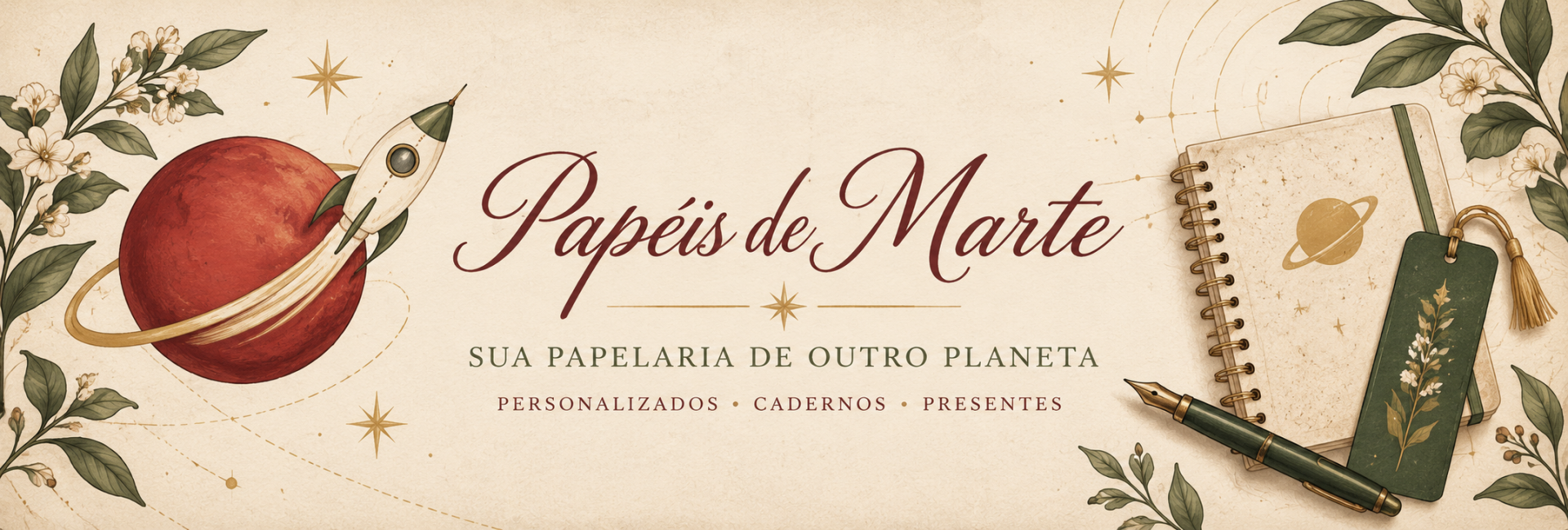 Papéis de Marte: cadernos, presentes e personalizados, com ilustrações de Marte, foguete e elementos botânicos