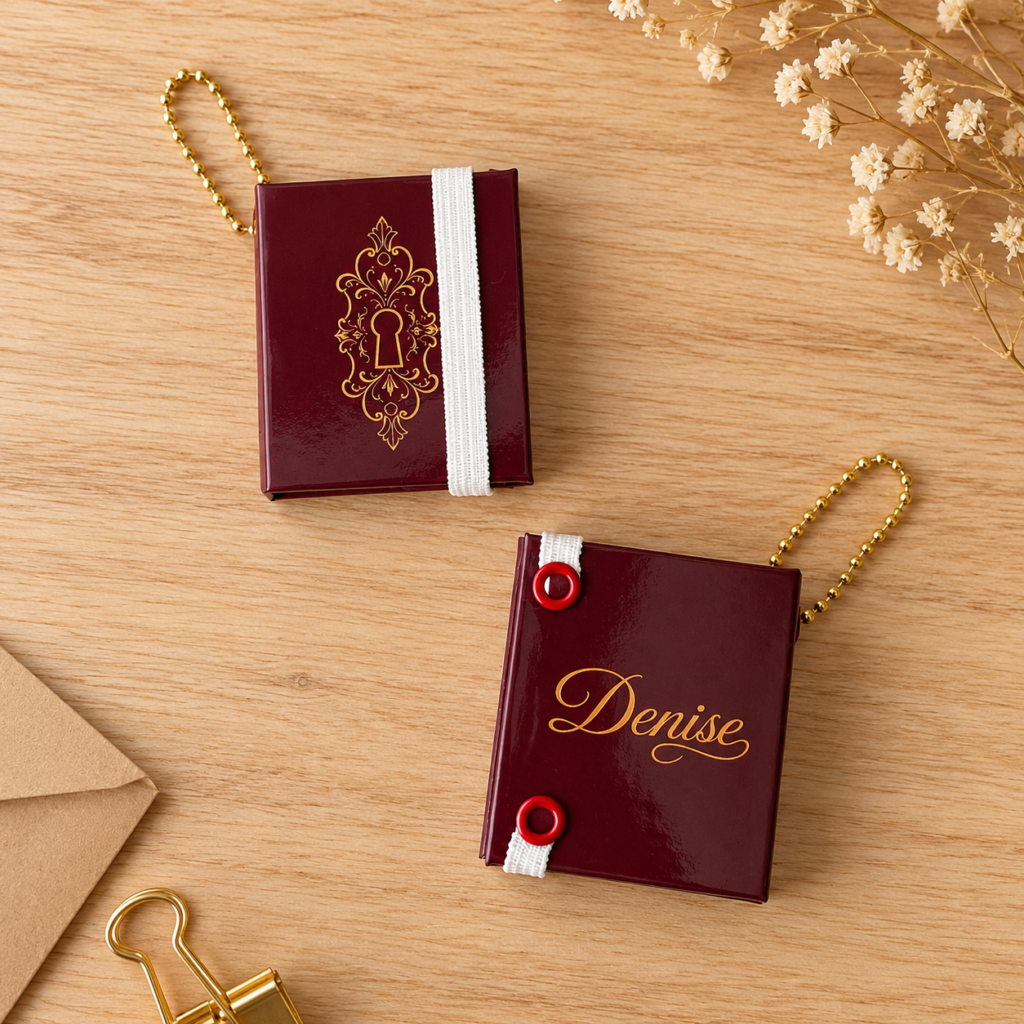 Dois chaveiros post-it personalizados cor vinho com detalhes dourados, um com ornamento de fechadura e outro com o nome Denise